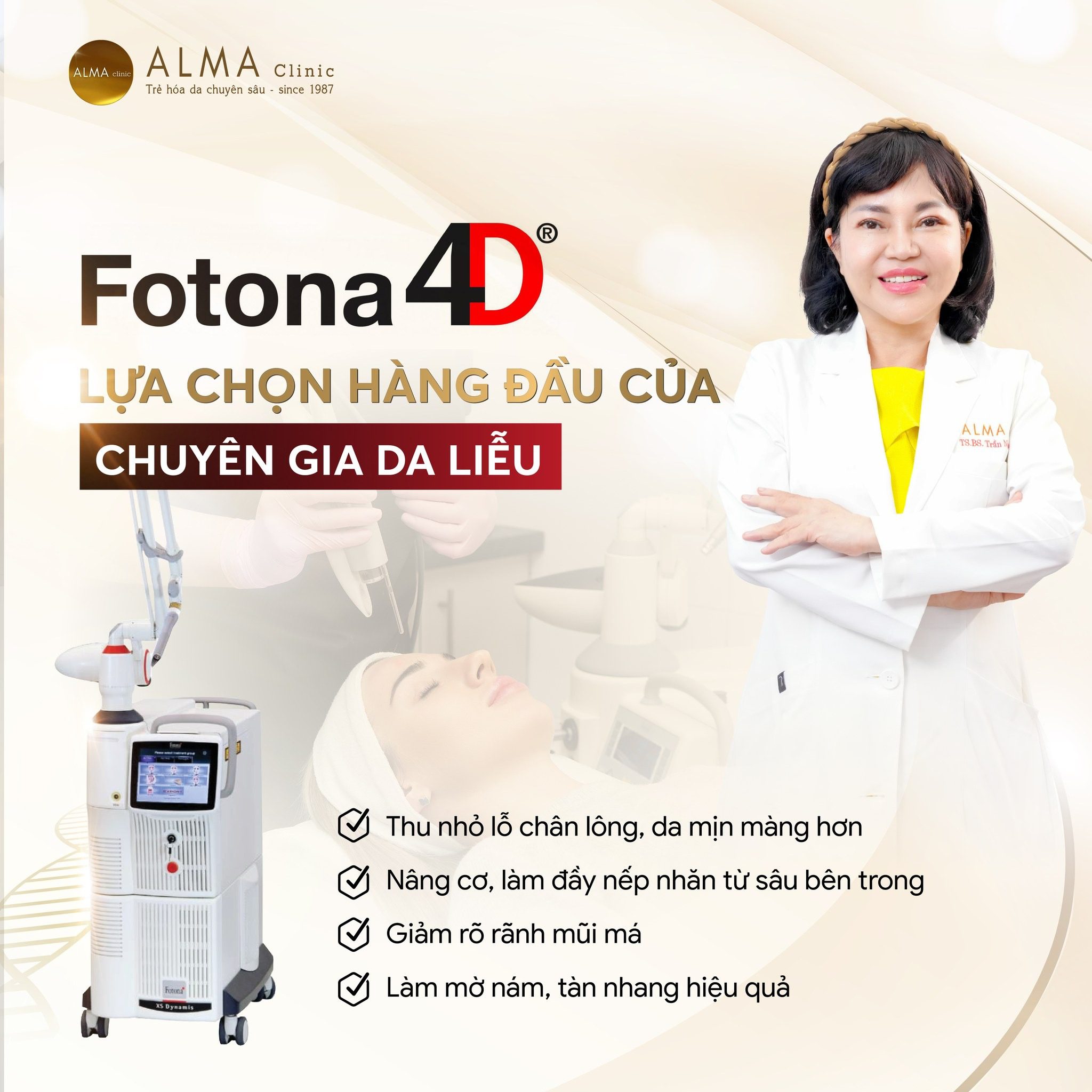 Fotona 4D lựa chọn hàng đầu của chuyên gia da liễu, giúp thu nhỏ lỗ chân lông, nâng cơ, làm đầy nếp nhăn, giảm rãnh mũi má và làm mờ nám, tàn nhang.