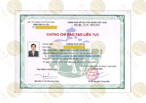 Ths Bs. Trình Ngô Bỉnh: Chứng chỉ đào tạo ứng dụng laser và ánh sáng trong da liễu.