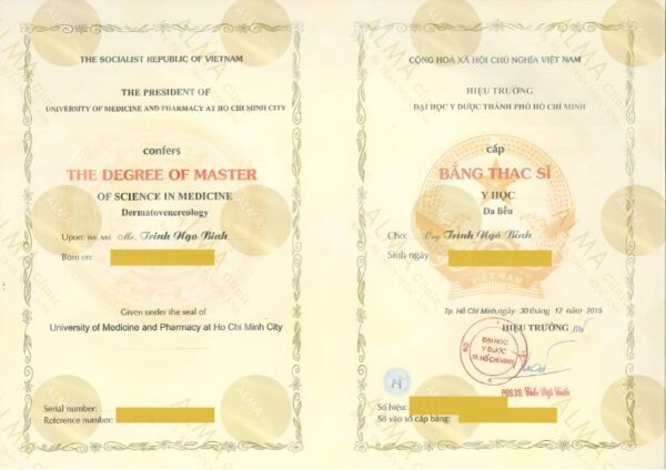 Ths Bs. Trình Ngô Bỉnh: Bằng thạc sĩ Y học da liễu.