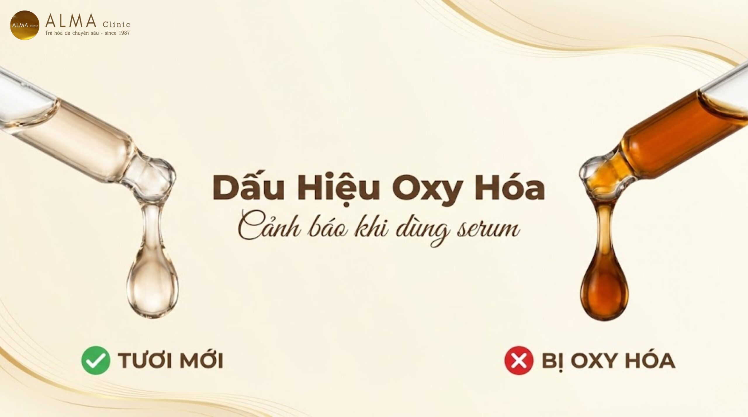 Dấu hiệu nhận biết serum vitamin c bị oxy hóa - chuyển màu vàng nâu cánh gián - cảnh báo không nên dùng tiếp - Alma Clinic